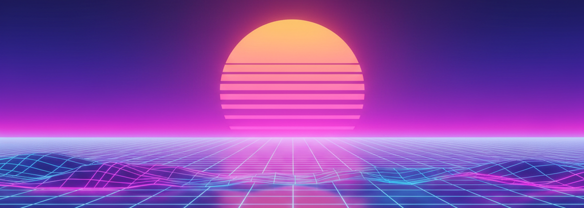 Synthwave neon landscape with glowing retro sun and abstract music waveforms, Allnight Alumni contact page featured image
