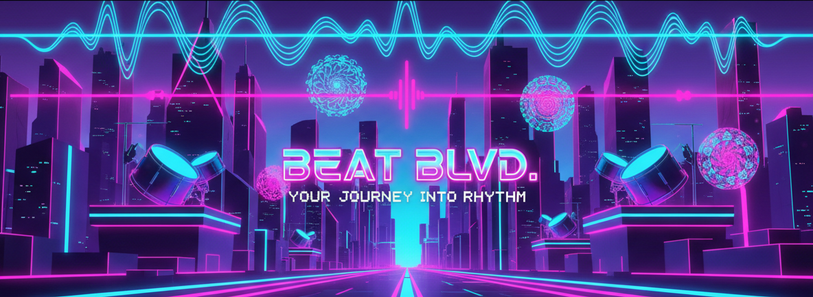 Retro-futuristic synthwave cityscape at dusk with neon lights, music waveforms, and energetic colors representing an electronic music beat store.